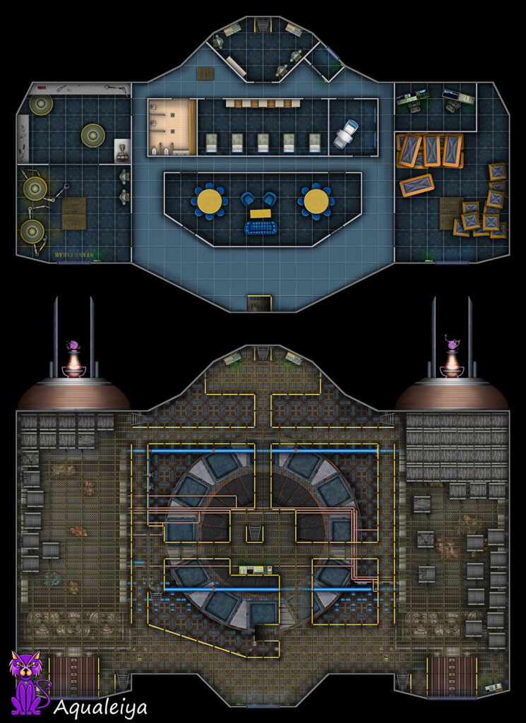 Battlemap image of a deep space mining spaceship with the smelting equipment powered down