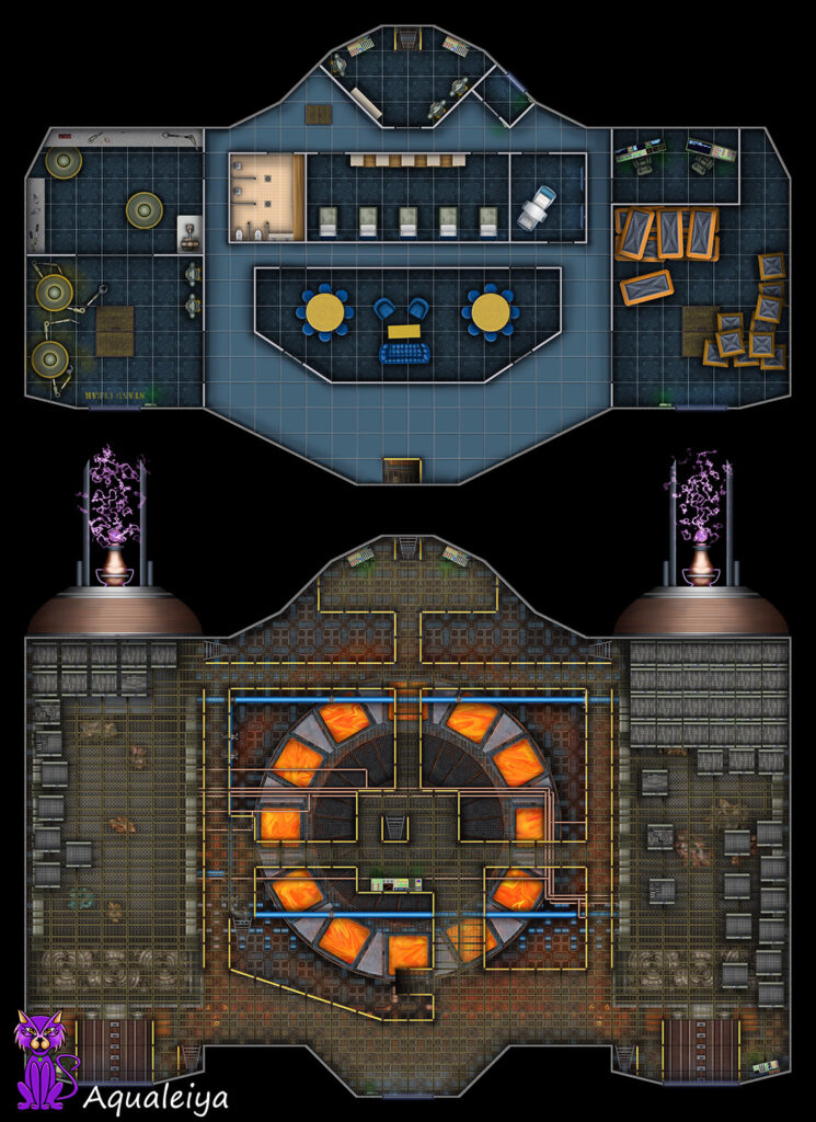 Battlemap image of a deep space mining spaceship with the smelting equipment powered on
