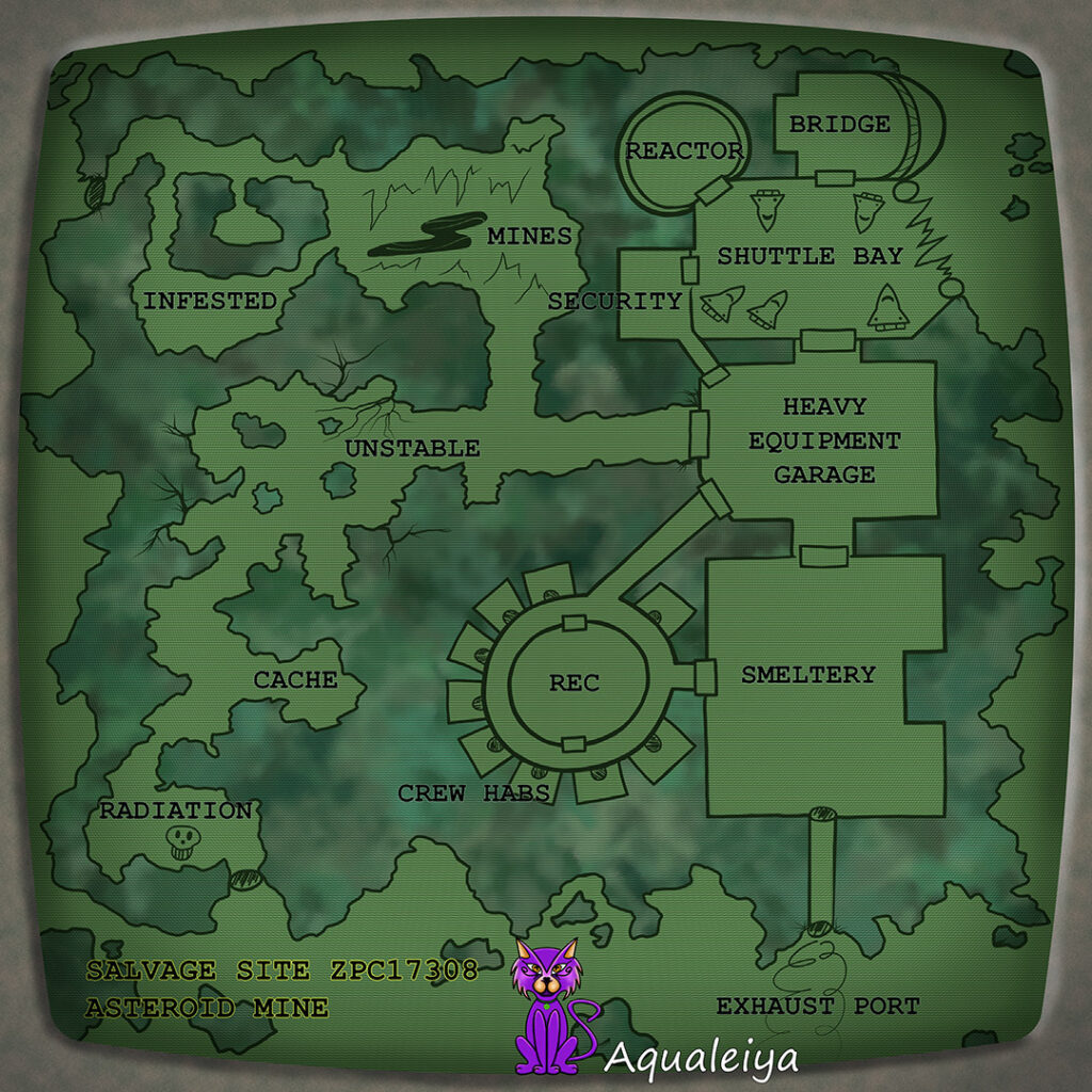 Asteroid Mine Sci-Fi adventure map with monitor overlay and labels